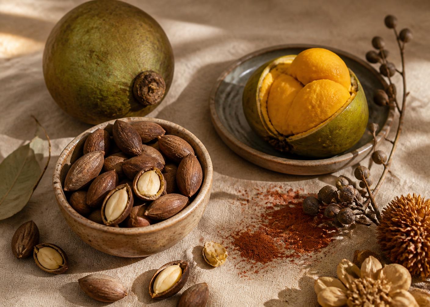 Castanhas de baru, pequi e óleo de buriti sobre linho natural